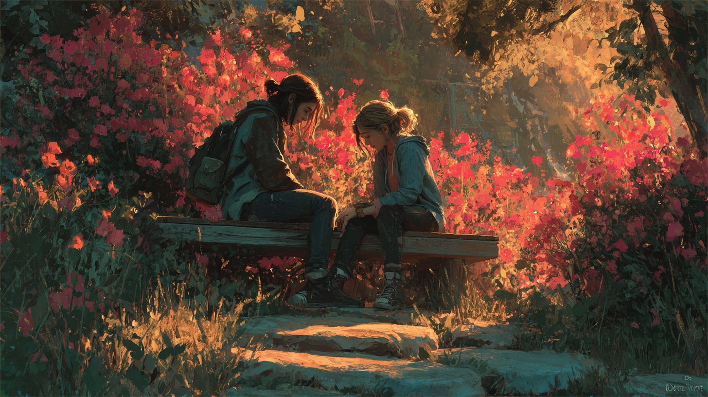 Eine Frau tröstet ihre Freundin in einem blühenden Park.