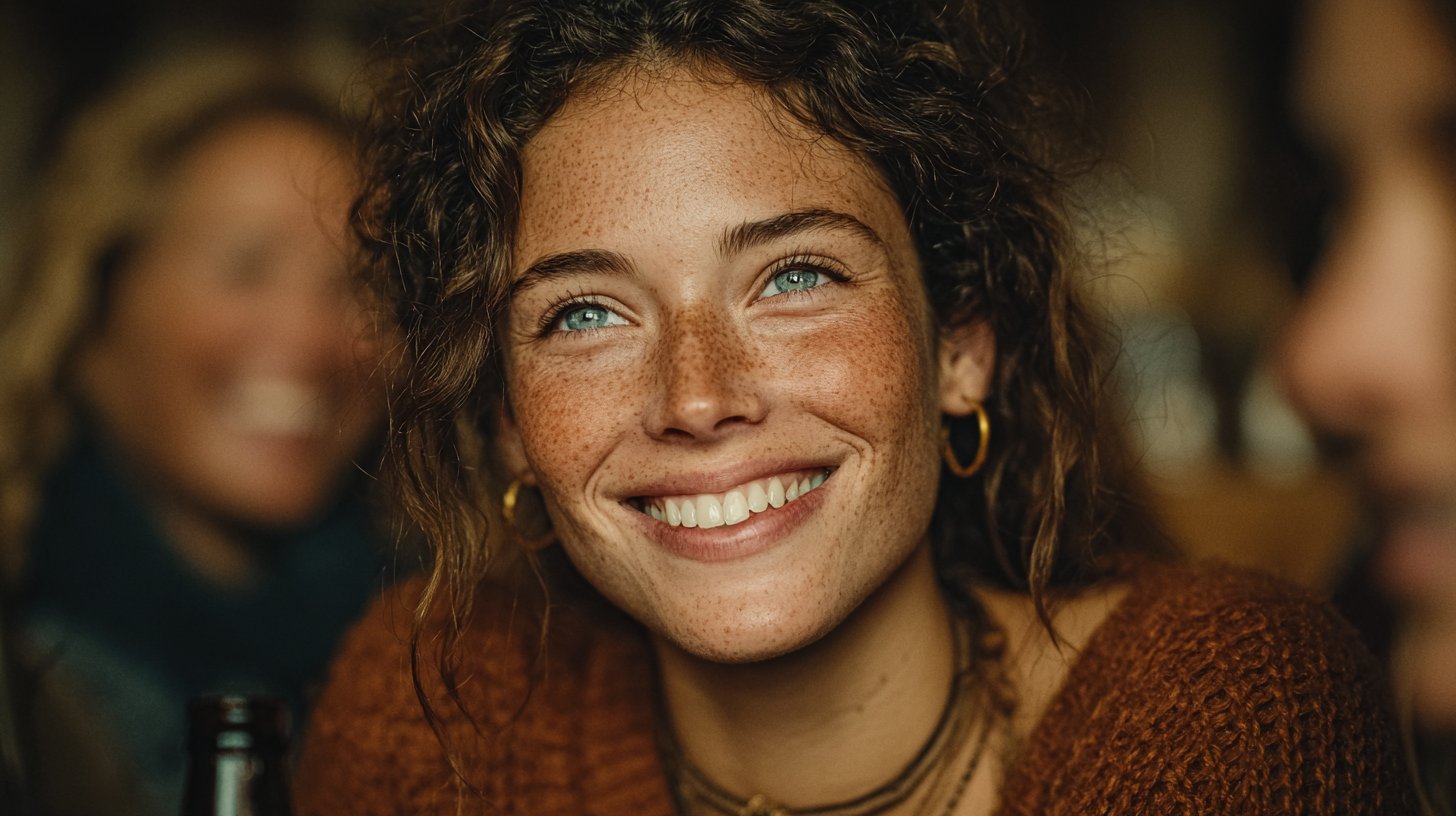 Eine Frau spricht ehrlich mit Freunden, umgeben von warmem Licht.