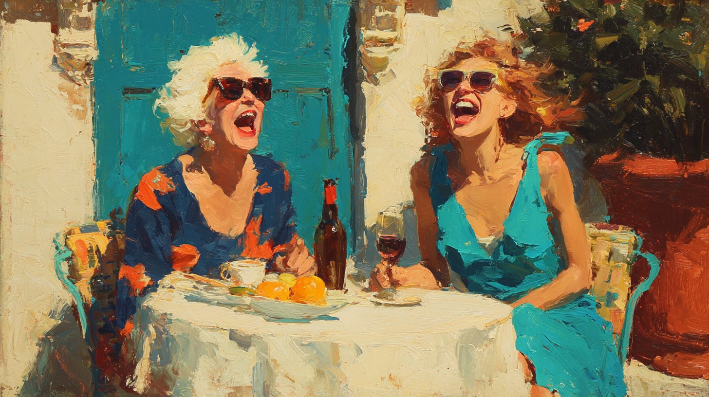 Frauen lachen fröhlich bei einem bunten Café.