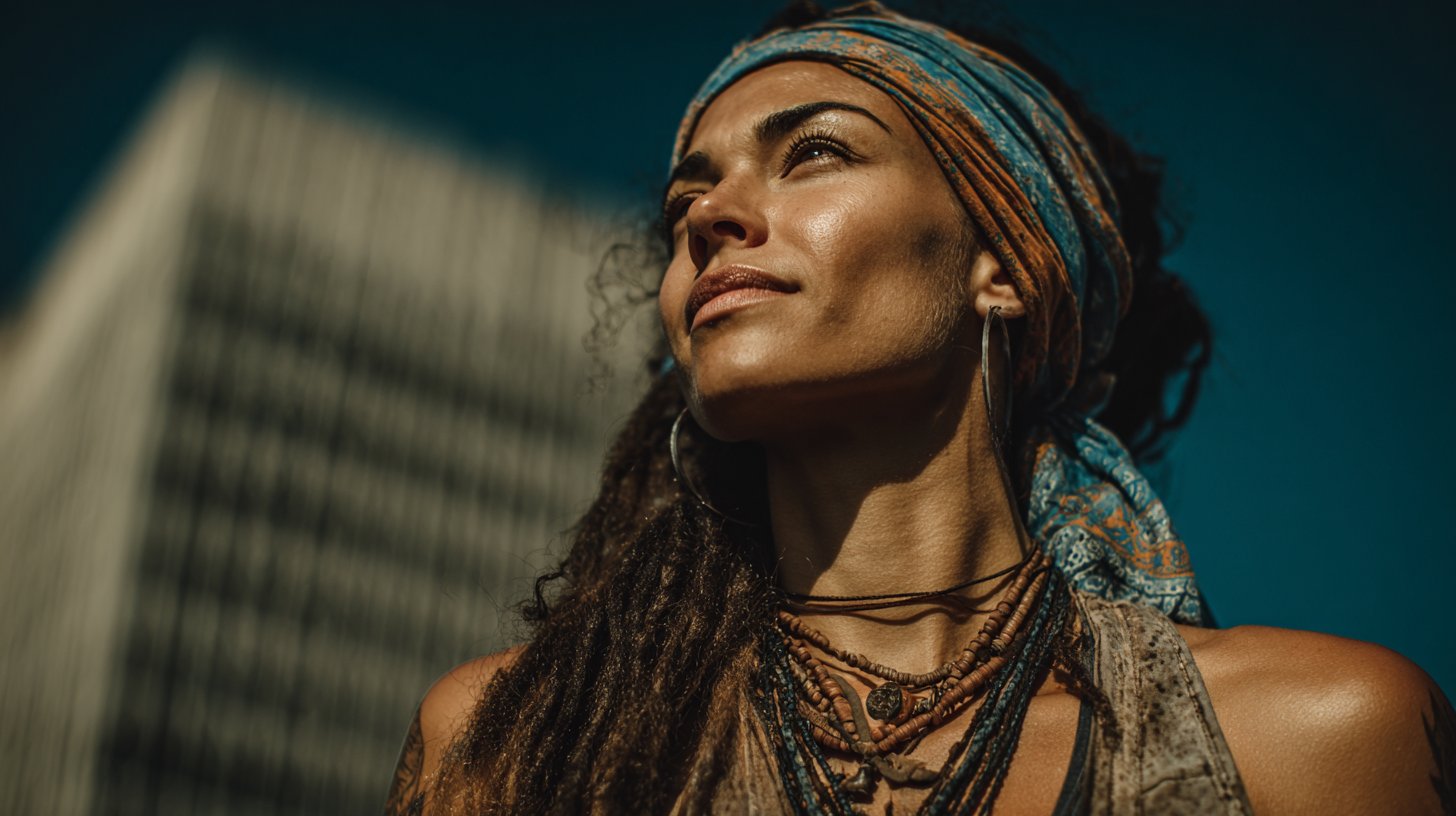 Eine starke, selbstbewusste Frau strahlt Unabhängigkeit in der Stadt aus.