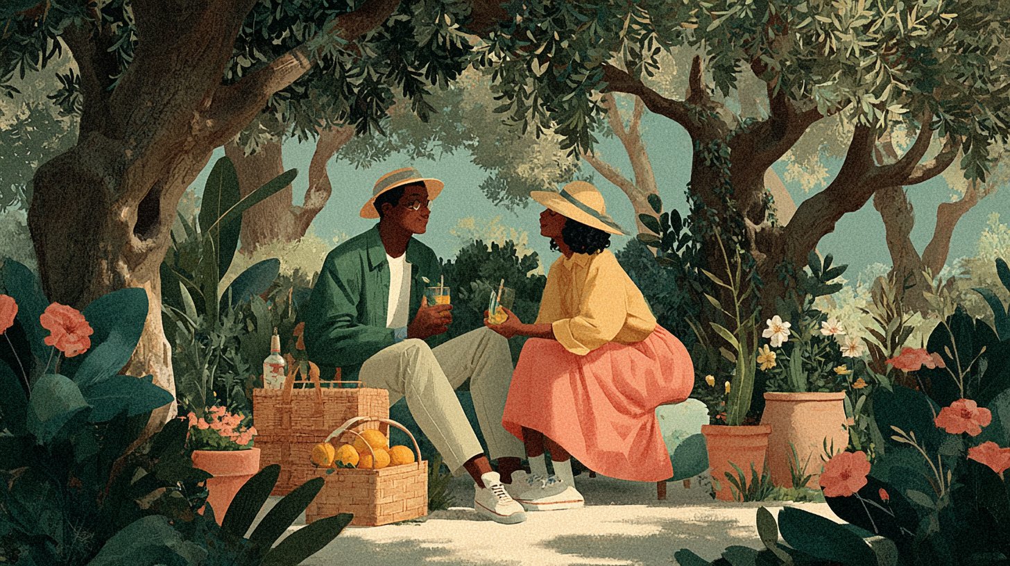 A joyful couple shares a picnic in a sunny park.