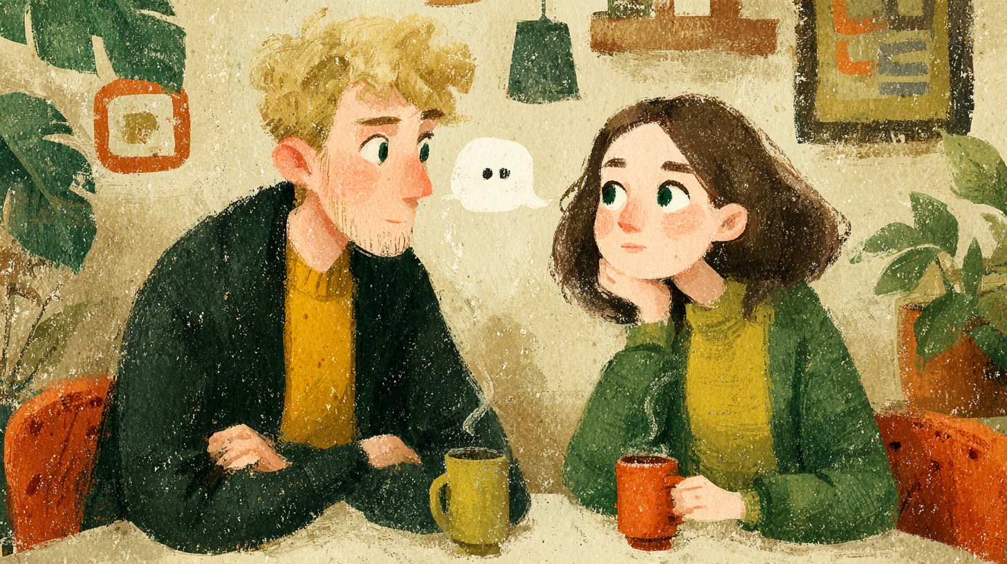 Two individuals engage in deep conversation over coffee.