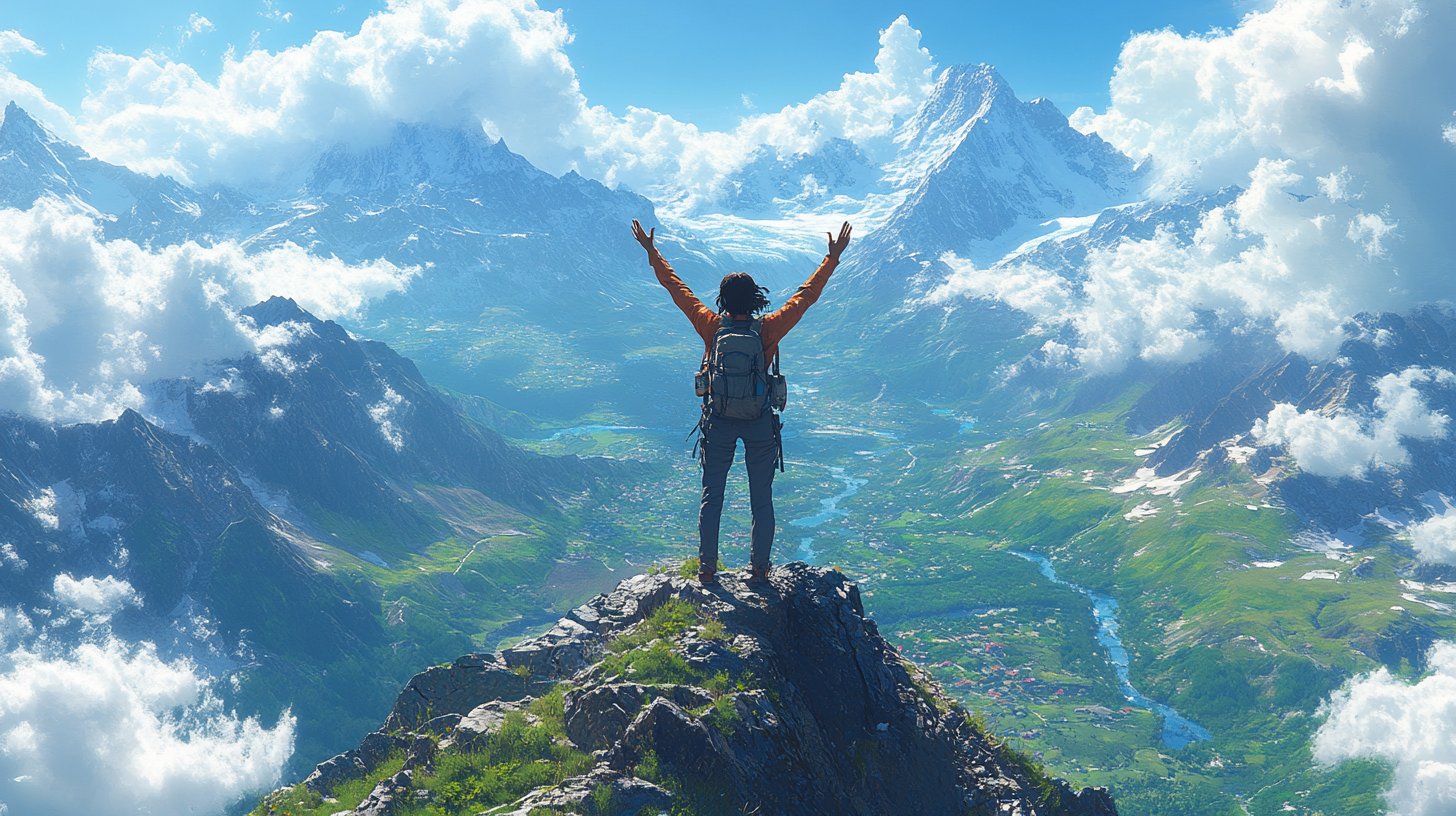 Une personne triomphante au sommet d'une montagne.