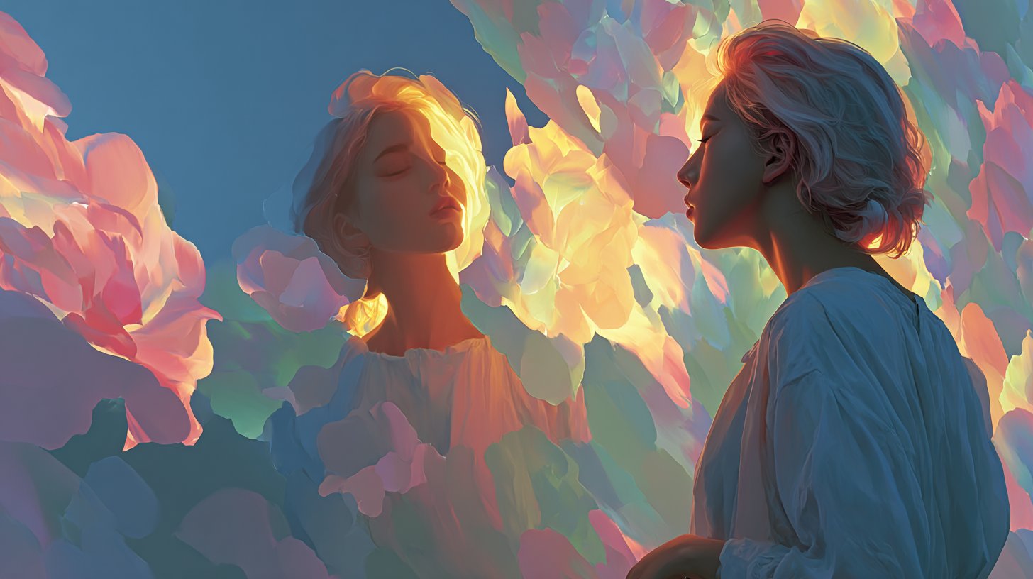 Eine Person schaut in einen Spiegel, umgeben von sanftem Licht – Selbstliebe in voller Blüte.