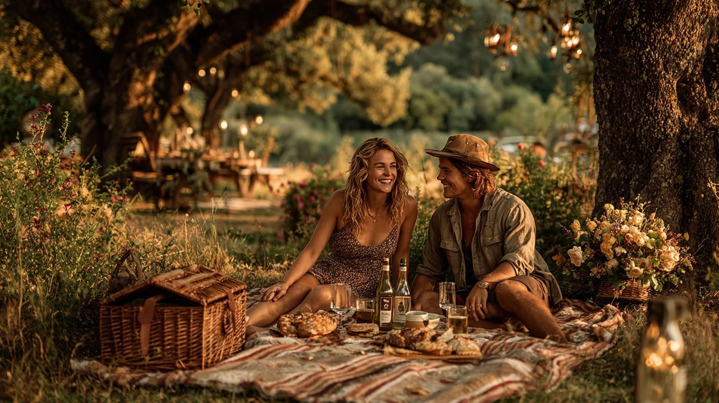 Ein Paar genießt ein fröhliches Picknick unter einem Baum.