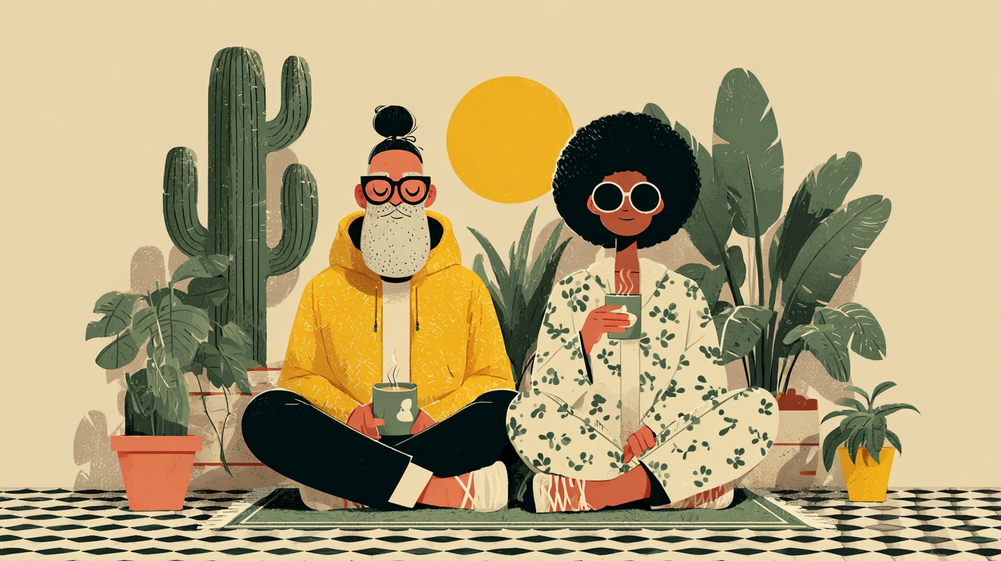 Zwei Personen praktizieren Selbstpflege in harmonischer Atmosphäre.