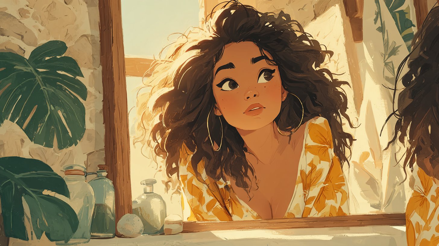 Eine Frau praktiziert Selbstbestätigung im Spiegel.