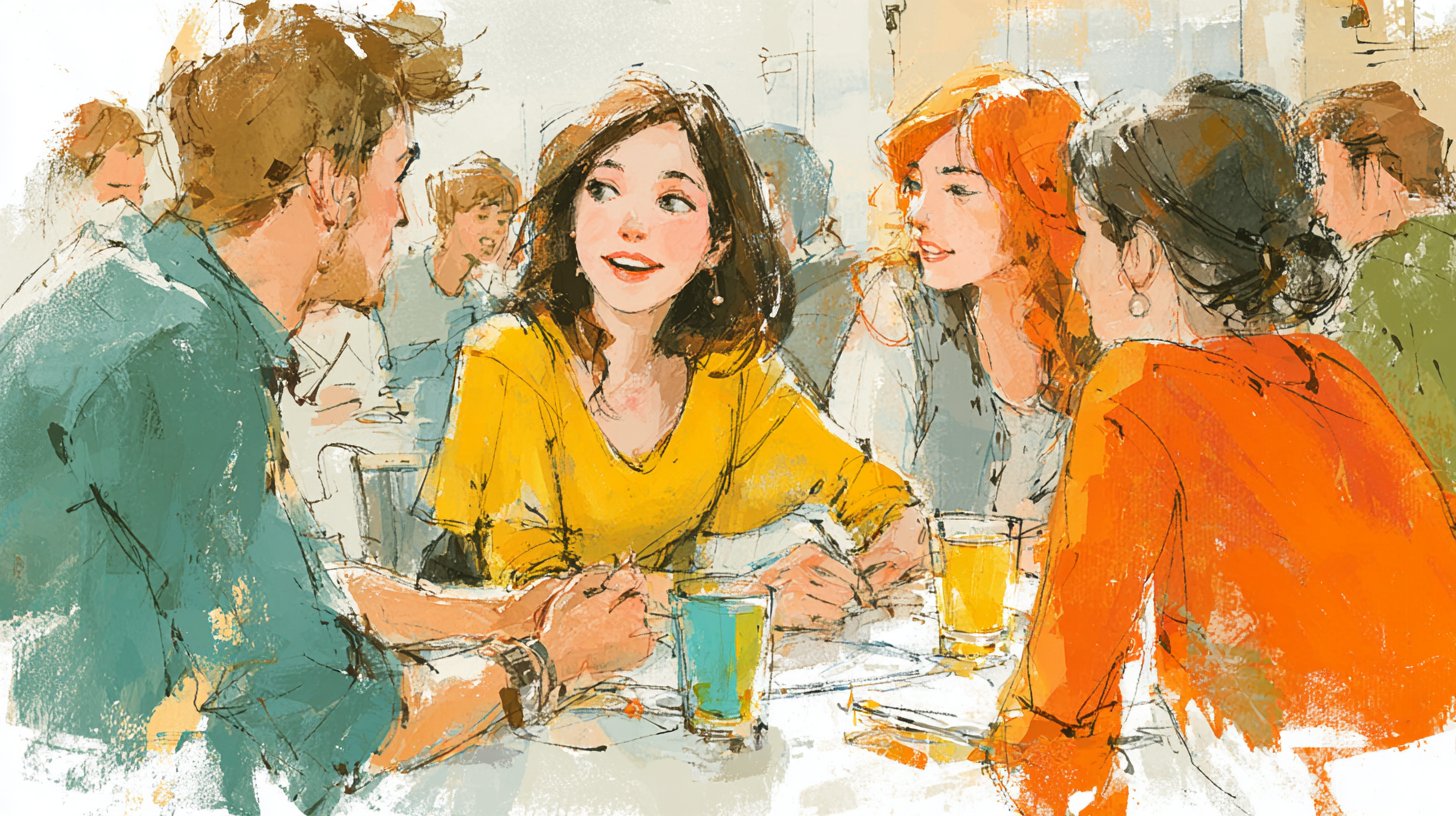 Freunde teilen fröhliche Gespräche am Tisch.