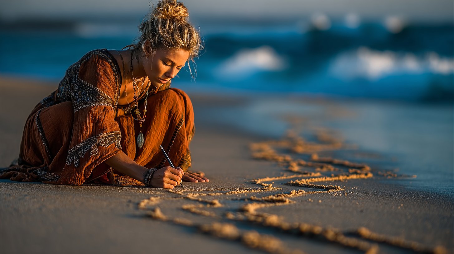Eine Frau zieht eine Grenze im Sand am Strand.