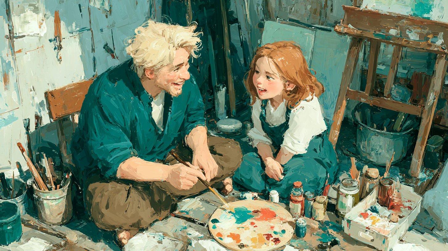 A creative couple painting together in joyful surroundings.