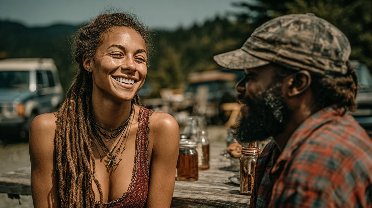 A diverse couple on an adventurous hike.