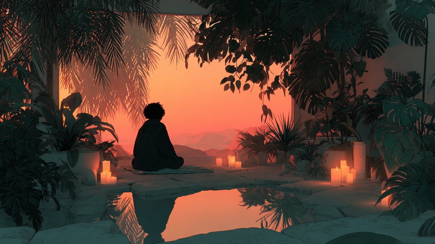 Eine Person meditiert in einer beruhigenden Umgebung voller Kerzen und Pflanzen.