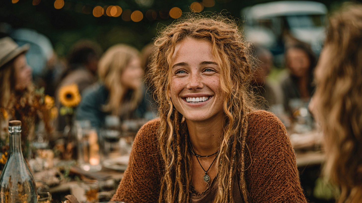 Eine warme Versammlung von Freunden, die gemeinsam Zeit im Freien verbringen.