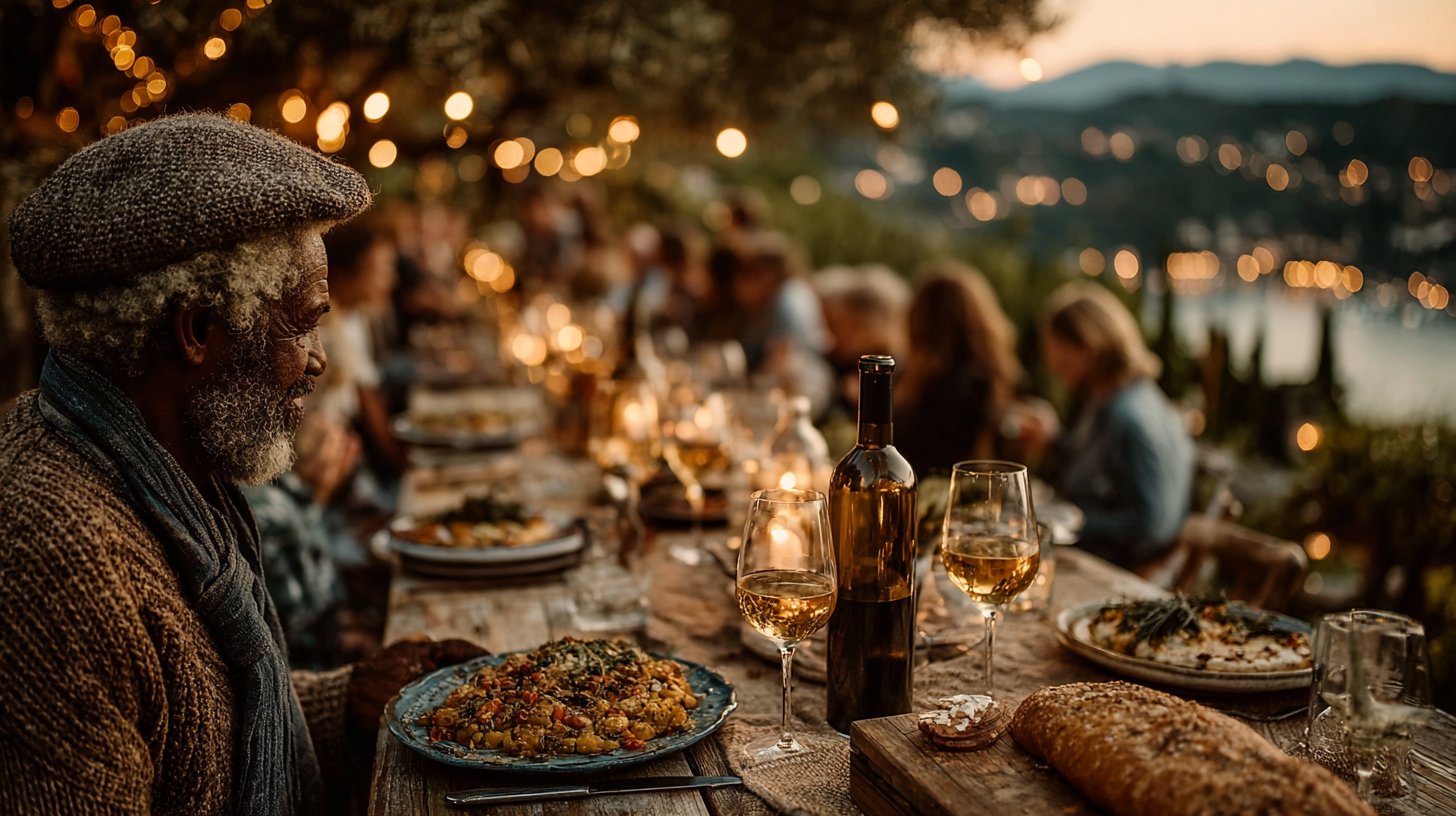 Freunde und Familie lachen und unterstützen sich unter einem Sonnenuntergang.