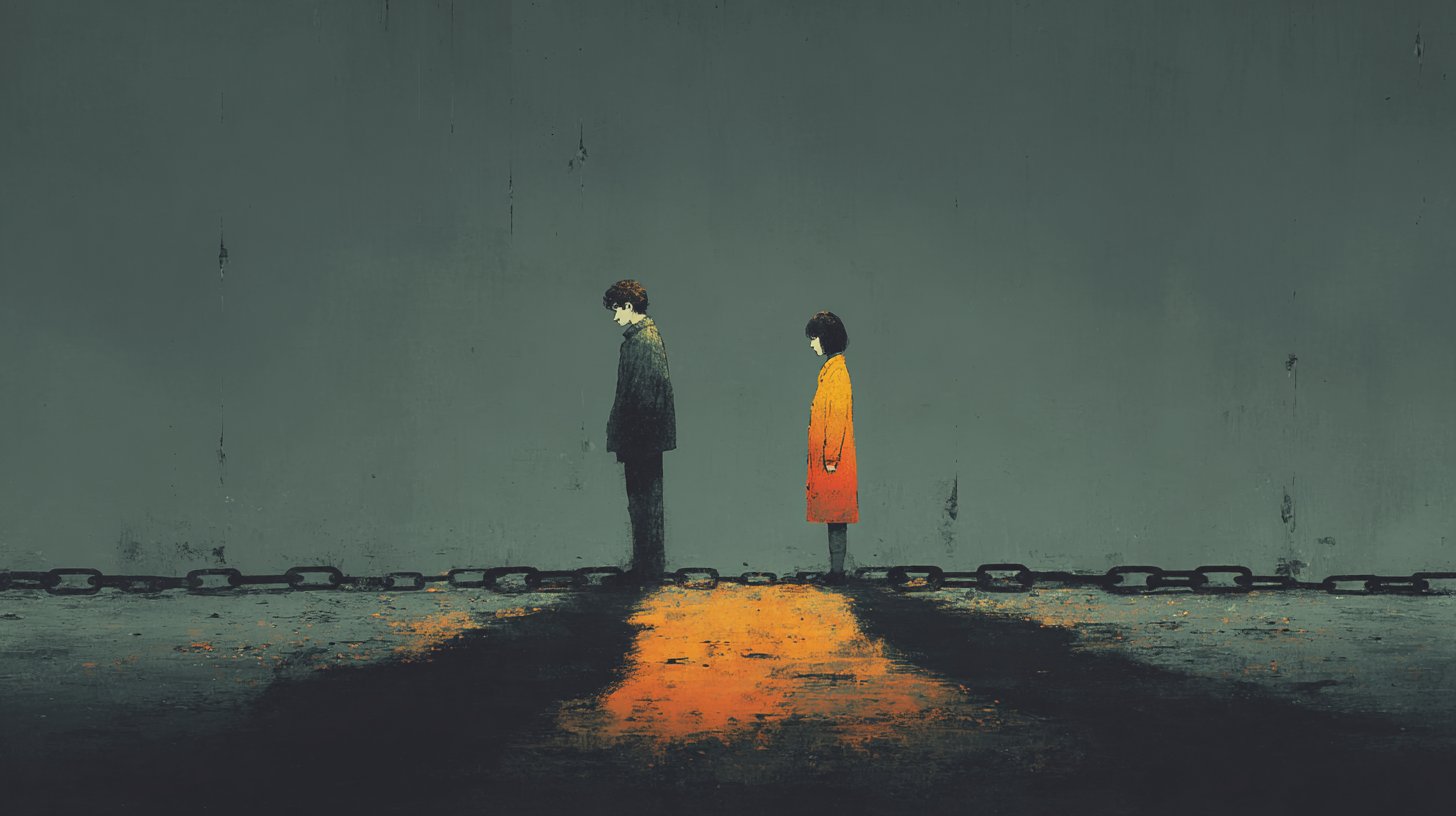 Broken chains between a distressed couple symbolize separation.