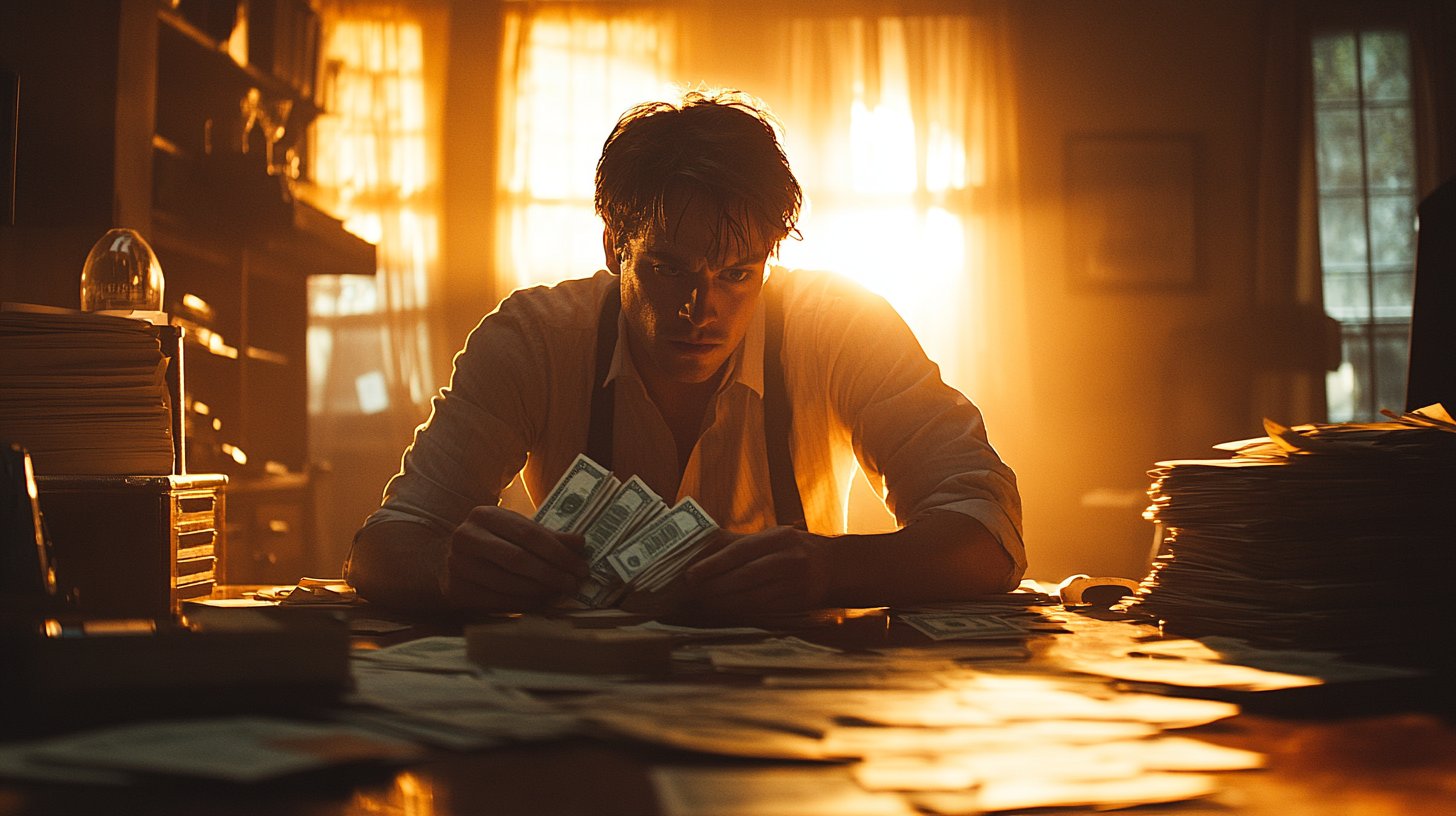 Eine schattenhafte Figur zählt besorgt Geld am Tisch.