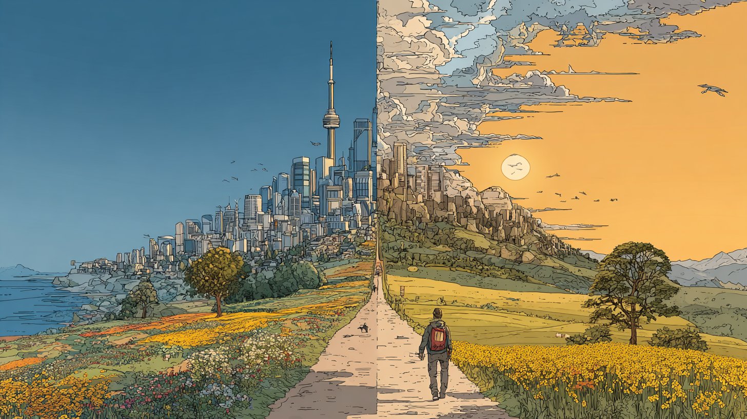 Gegensätzliche Lebensziele: Stadt voller Ambitionen versus friedliche Landschaft.