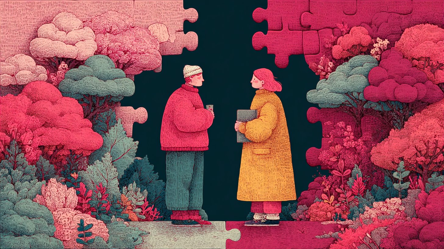 Zwei Personen am Rand eines Puzzles, die nicht zusammenpassen.