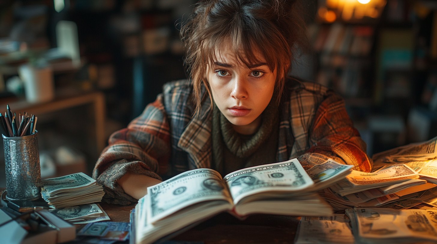 Eine Person mit leerem Geldbeutel schaut nachdenklich aus dem Fenster.