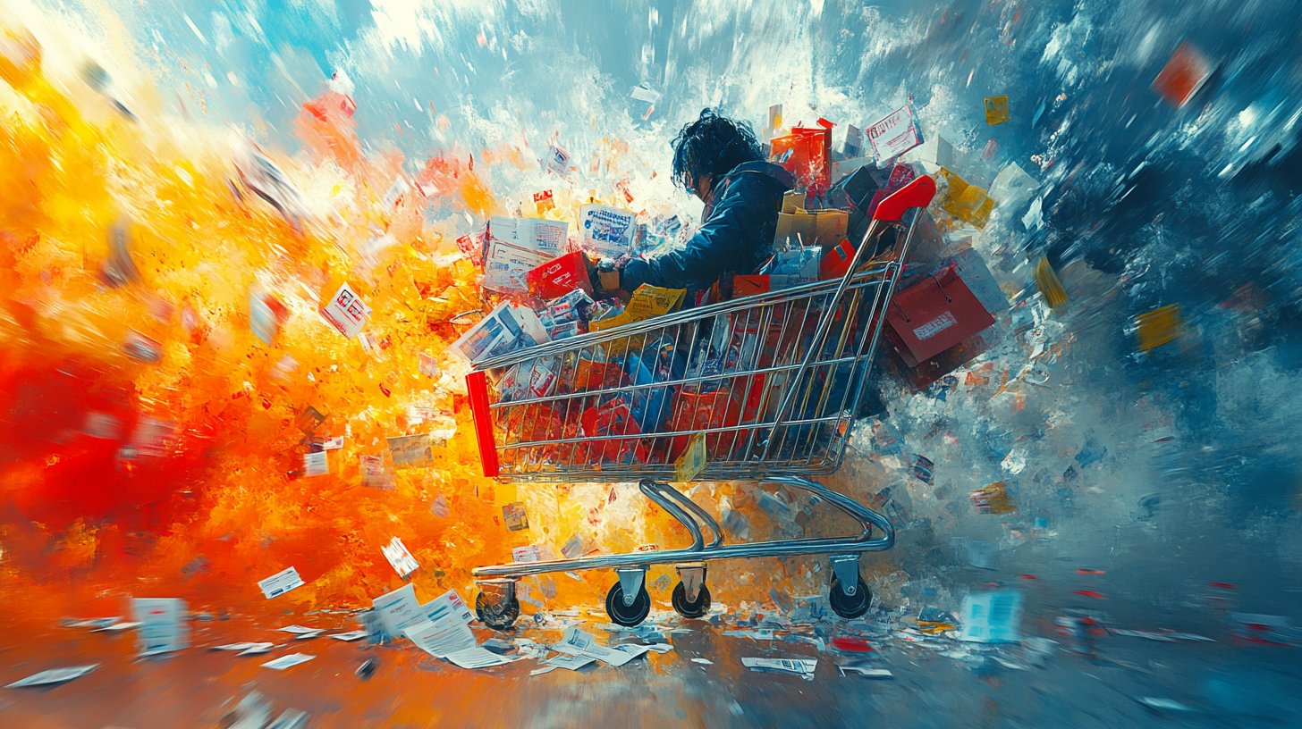 Ein Einkaufswagen überquillt, während jemand impulsiv mehr hinzufügt.