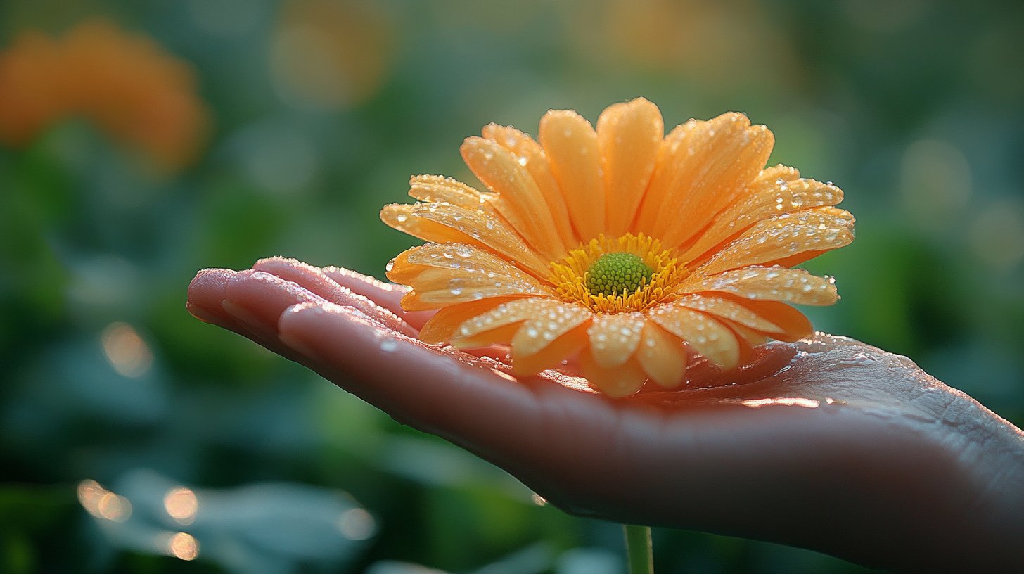 Eine Hand, die eine schöne Blume als Kompliment anbietet.