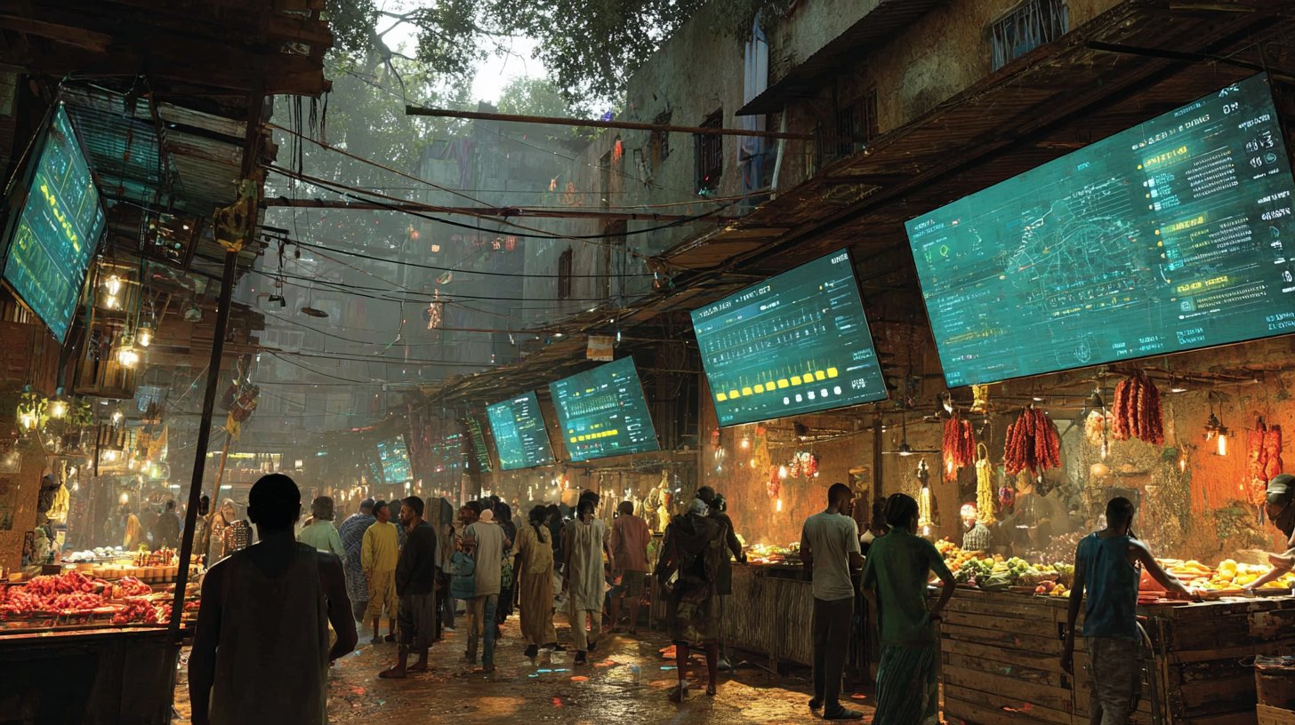 Ein moderner Marktplatz, wo Menschen digital tauschen und handeln.