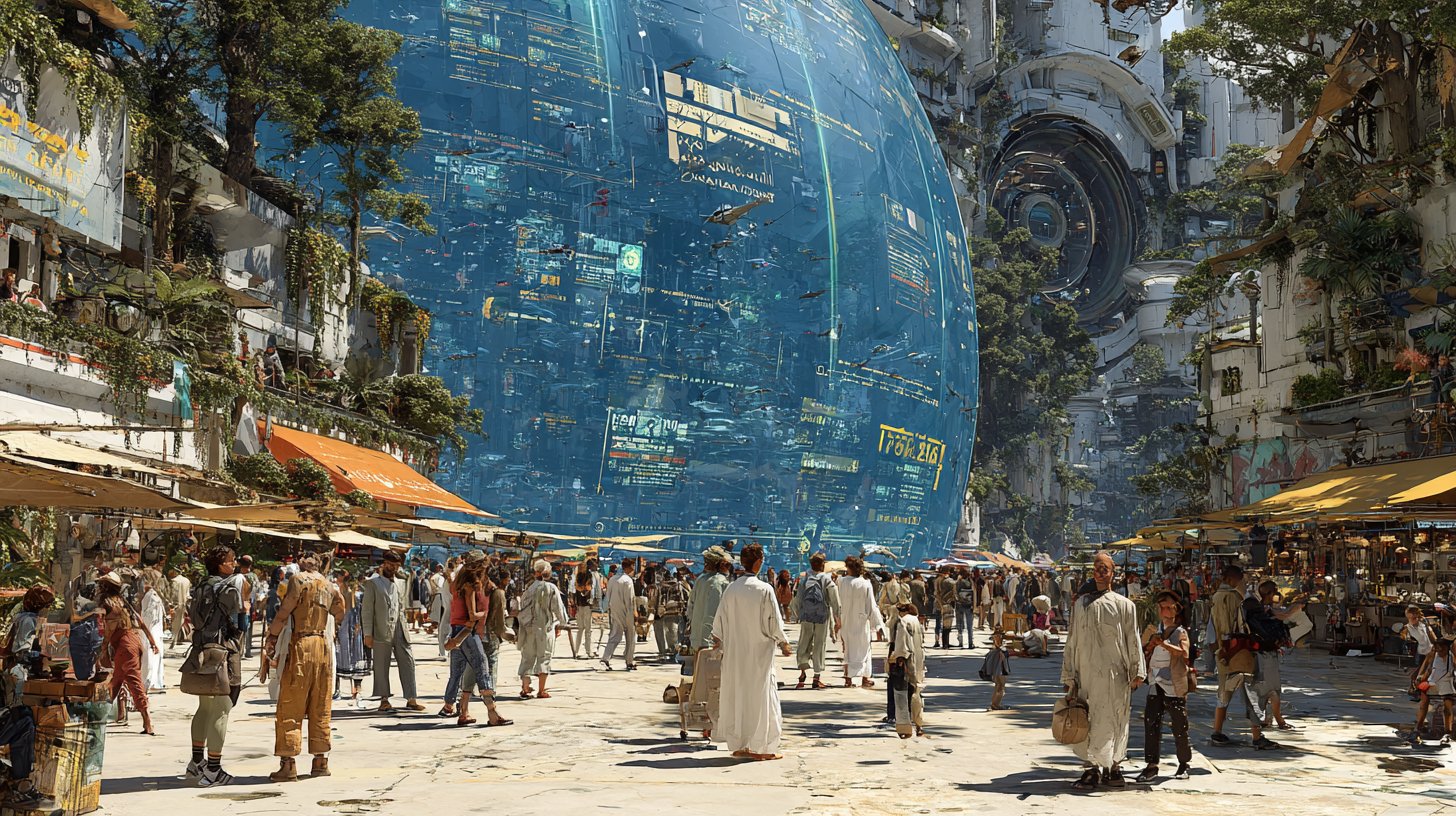 Eine futuristische Stadtlandschaft mit digitalen Tauschanzeigen.