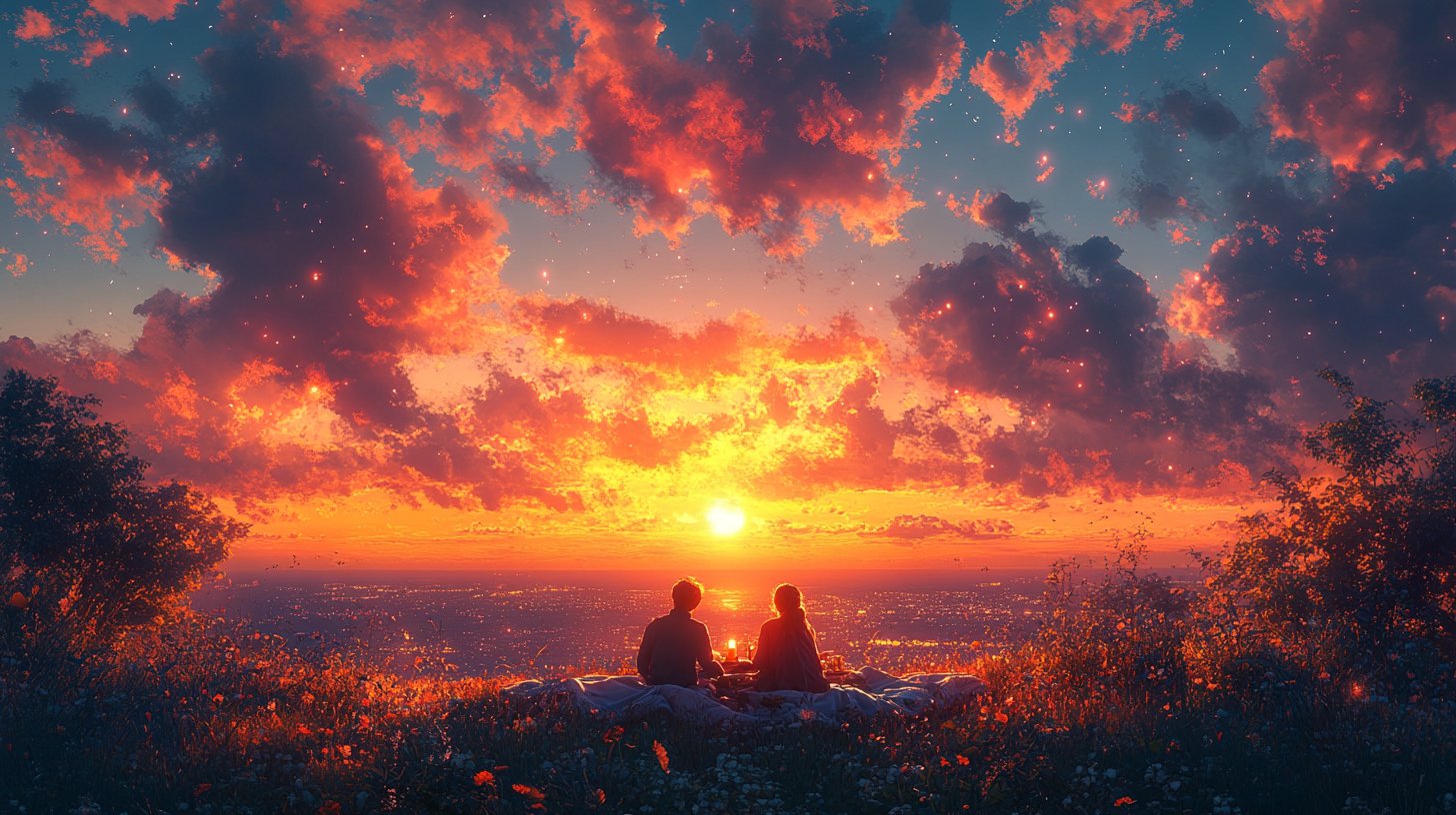 Romantic picnic under a sunset.