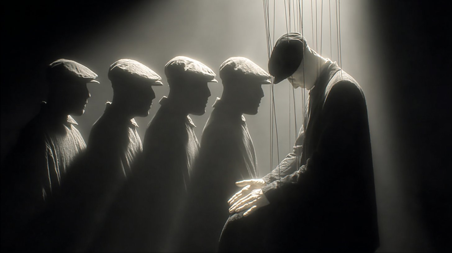 Ein eindringliches Bild von emotionaler Manipulation mit einer Marionette und Fäden.