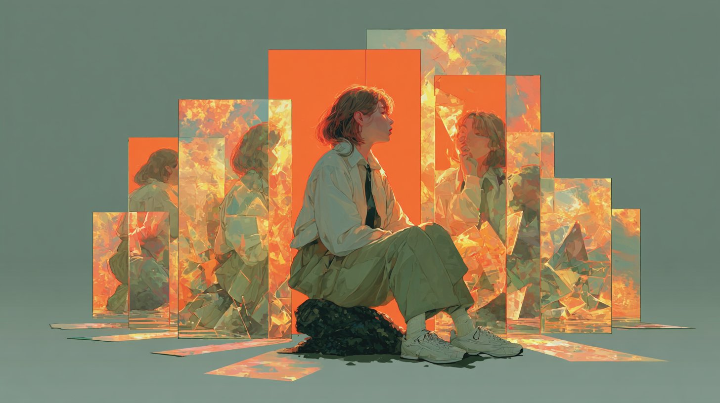 Ein Bild, das ständige Kritik und Kontrolle durch negative Spiegelbilder veranschaulicht.