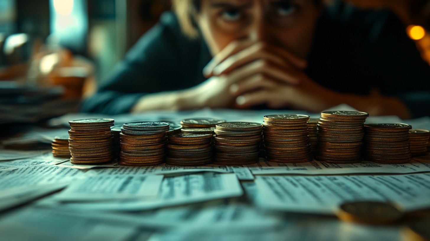 Tangled financial documents with a worried face symbolize financial worries.