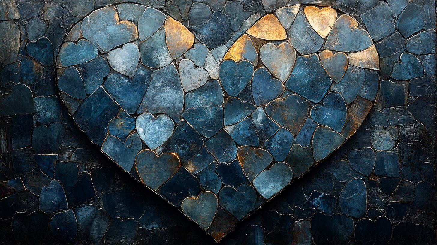 A collage of fragmented hearts representing past wounds.