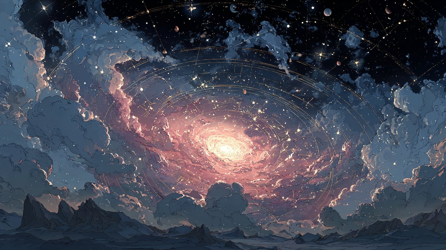 Eine lebendige Illustration harmonischer Tierkreiszeichen-Paare in einem bunten kosmischen Setting.