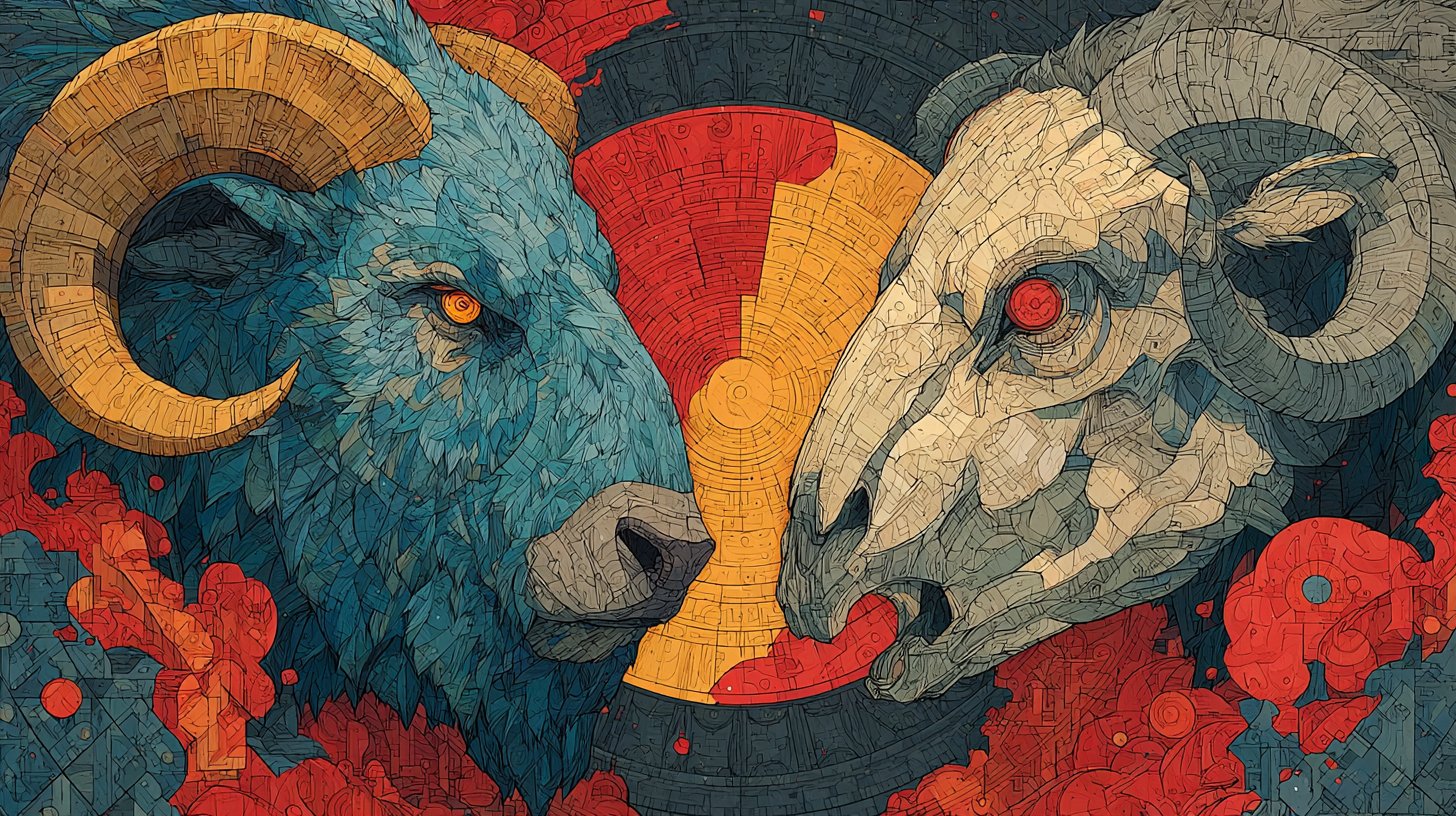 Ein kontrastierendes Kunstwerk, das kämpfende Tierkreiszeichen-Paare vor einem dunklen kosmischen Hintergrund zeigt.