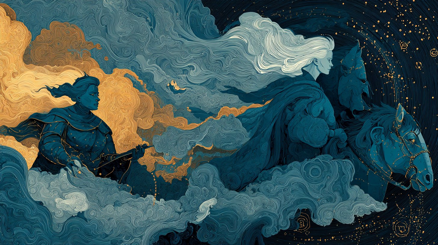 Eine künstlerische Darstellung sich verändernder Tierkreis-Dynamiken zwischen Harmonie und Streit.