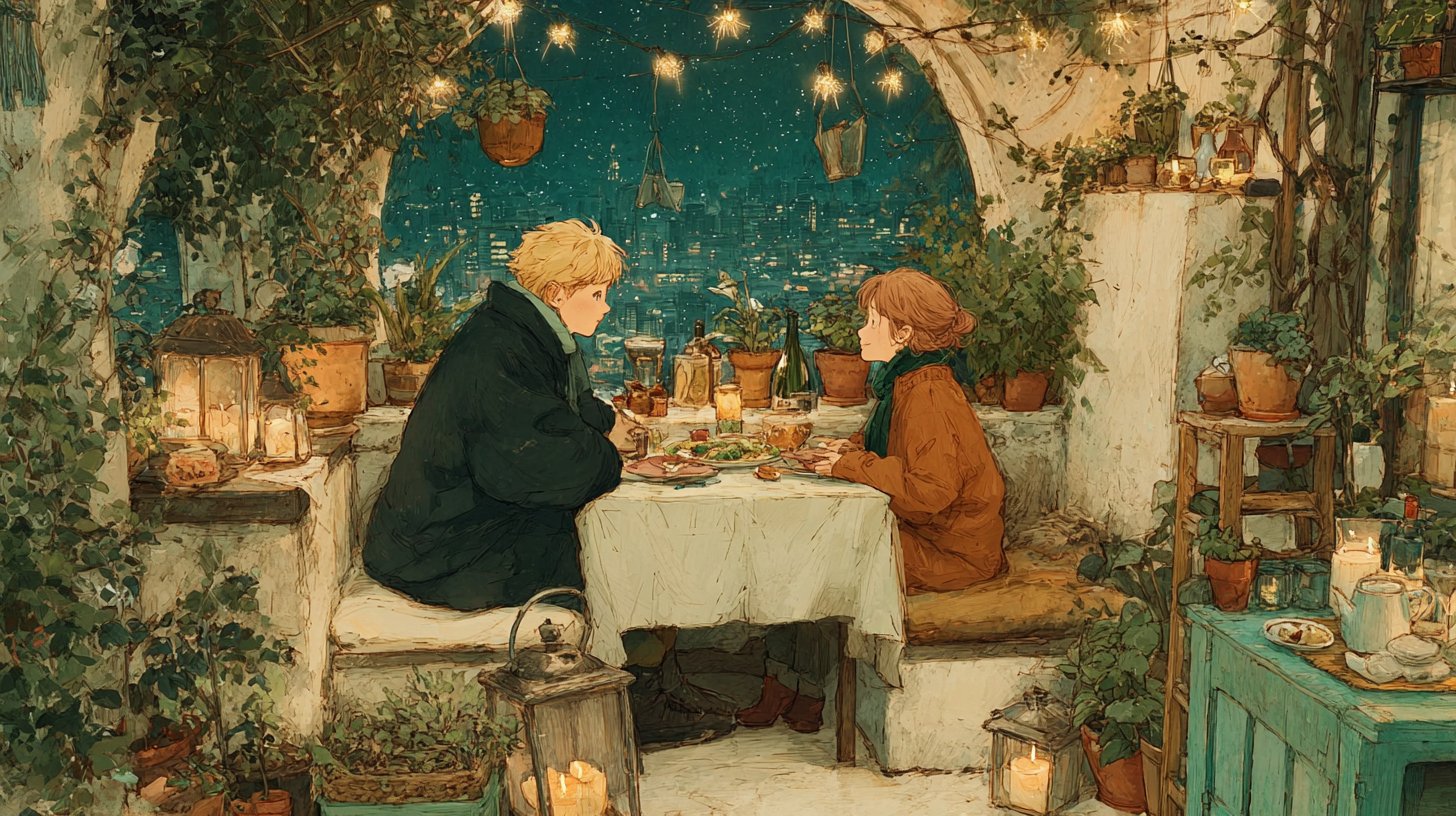 Ein Paar genießt ein romantisches Dinner unter funkelnden Lichtern.