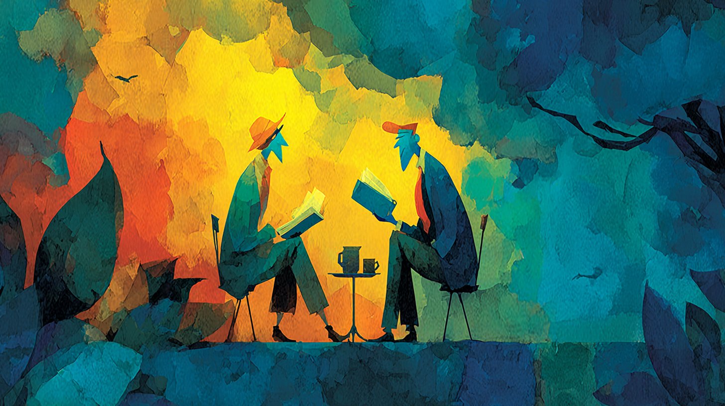 Dos figuras intercambiando pensamientos honestos y risas en la mesa.