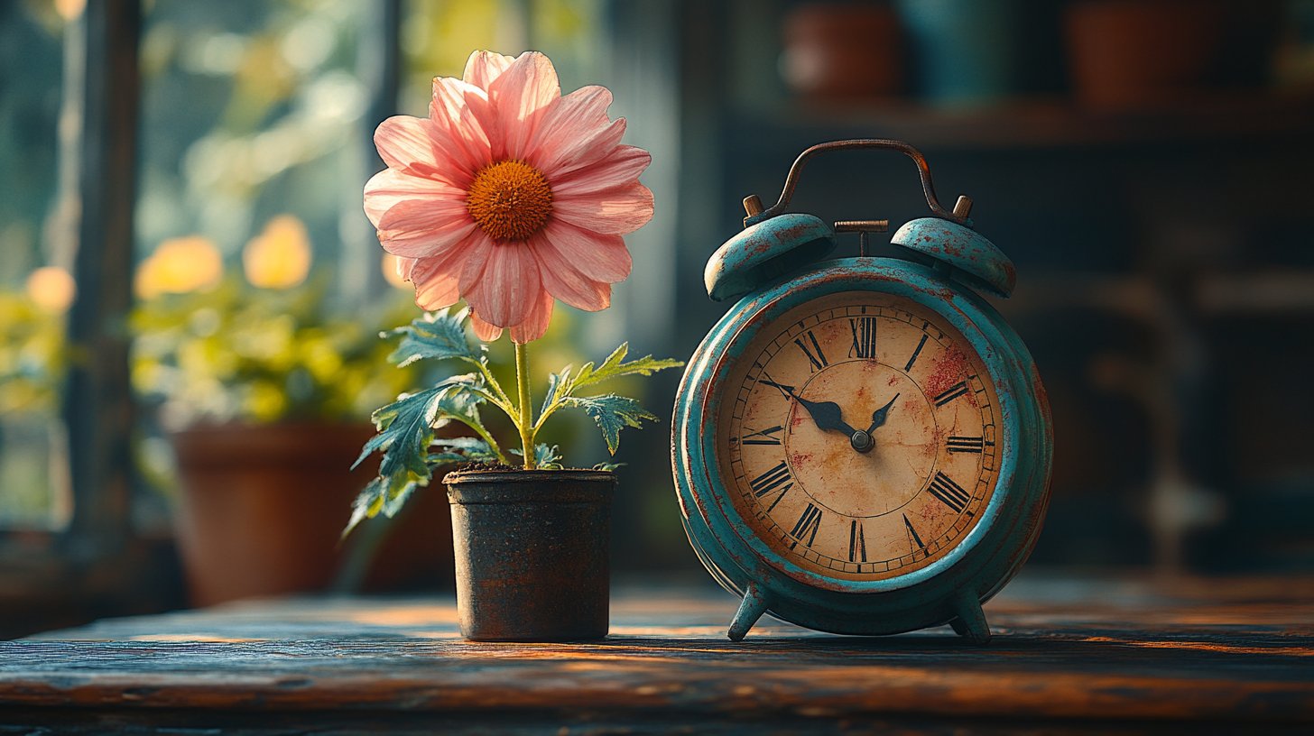 Eine zerbrochene Uhr neben einer einsamen Blume symbolisiert Enttäuschung.