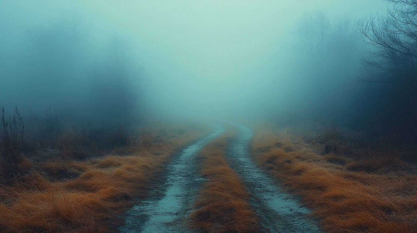 Ein nebliger Weg, der in die Ungewissheit der Zukunft führt.