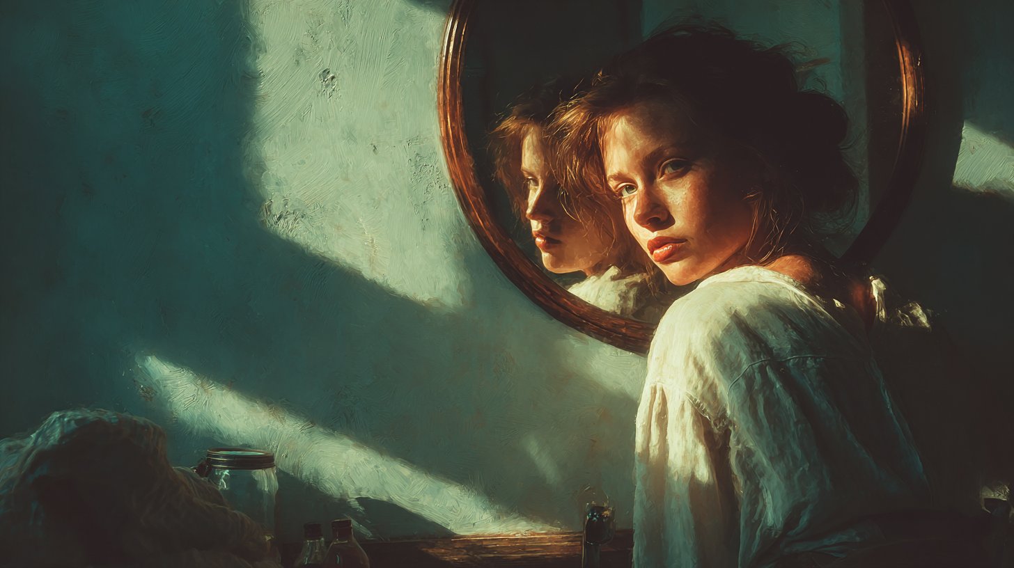 Autoreflexión en un espejo rodeado de luz suave.