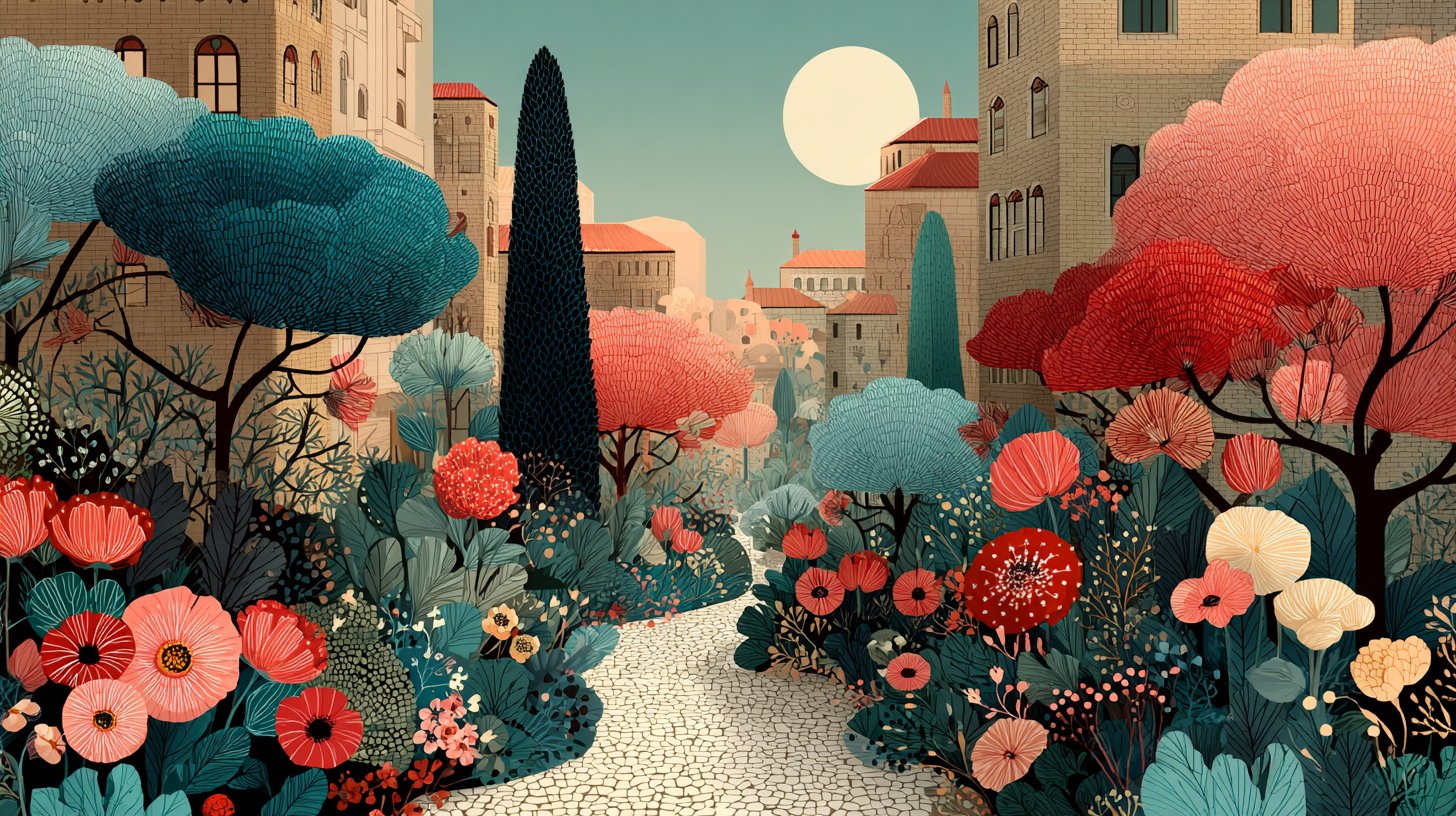 Un jardín pacífico con caminos claros y flores en flor.