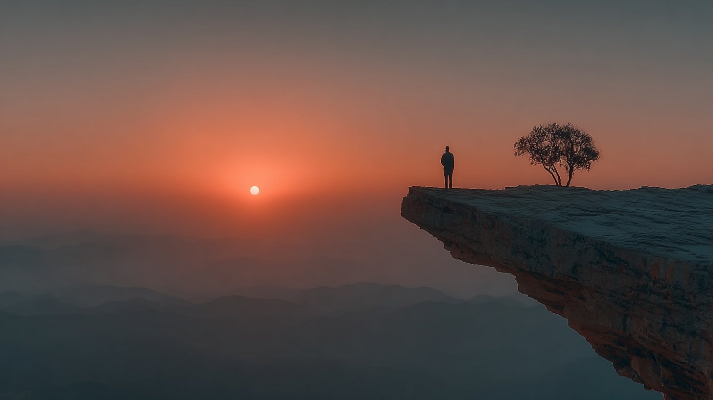 Un homme au bord d'une falaise regardant l'immensité.