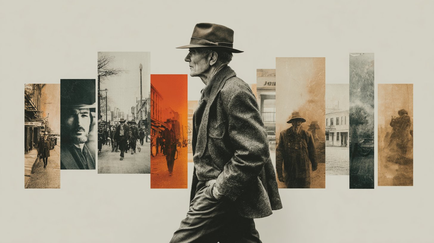 Un collage montrant la chronologie de la vie d'un homme.