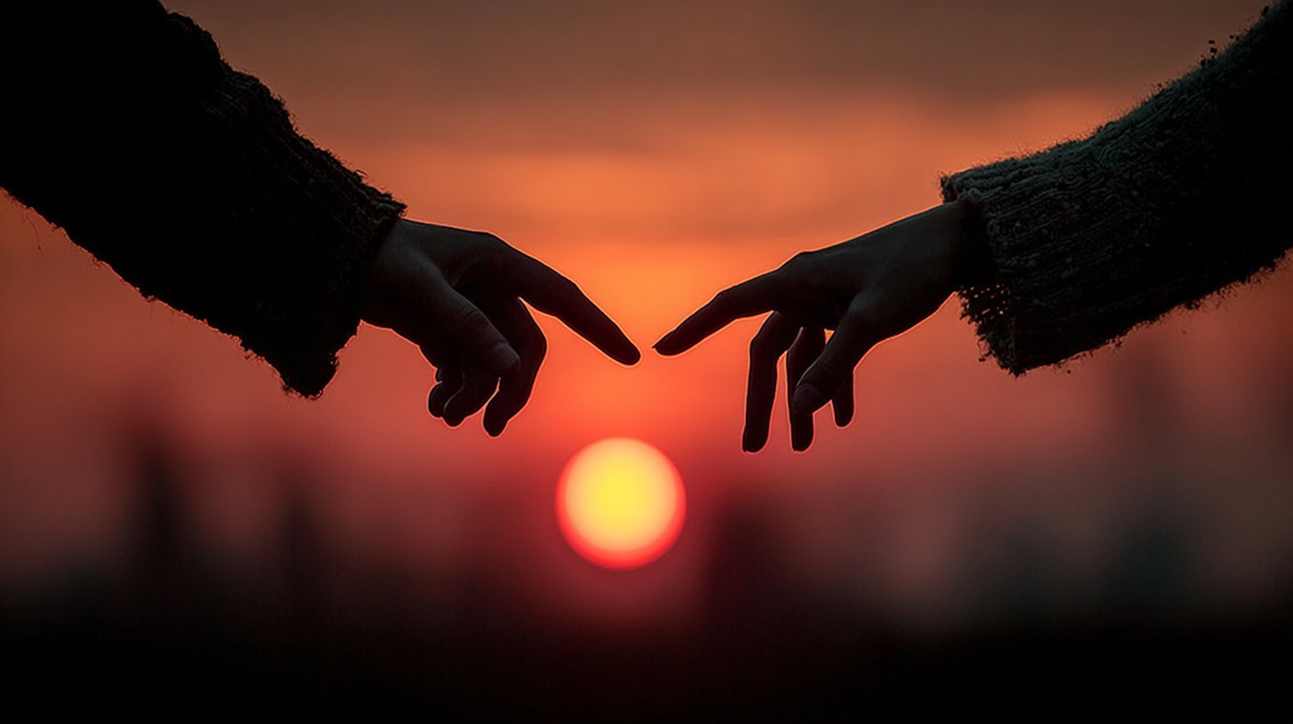 Hände, die sich bei Sonnenuntergang beinahe berühren, symbolisieren eine Entscheidung.