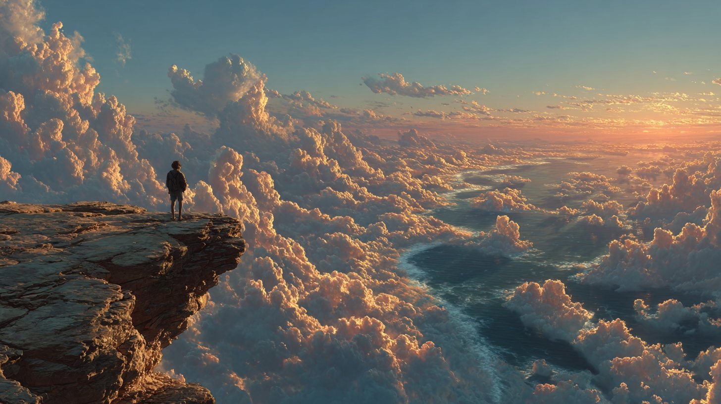 Eine Person am Rand einer Klippe blickt nachdenklich in die Ferne.