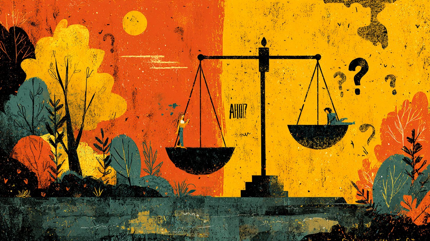 Eine Waage, die Erwartungen und Realität in Beziehungen gegenüberstellt, umgeben von Fragezeichen.