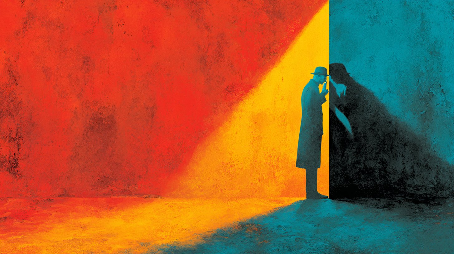 Rappresentazione astratta di una figura ombrosa che osserva un'altra, incarnando la sfiducia.