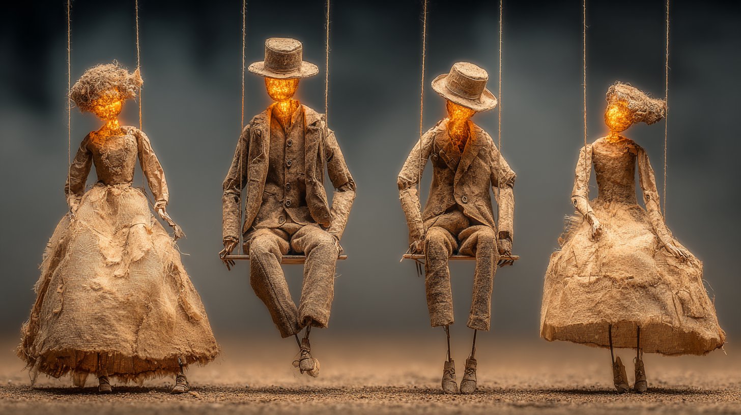 Rappresentazione surreale di burattinai che controllano marionette, illustrando la manipolazione.