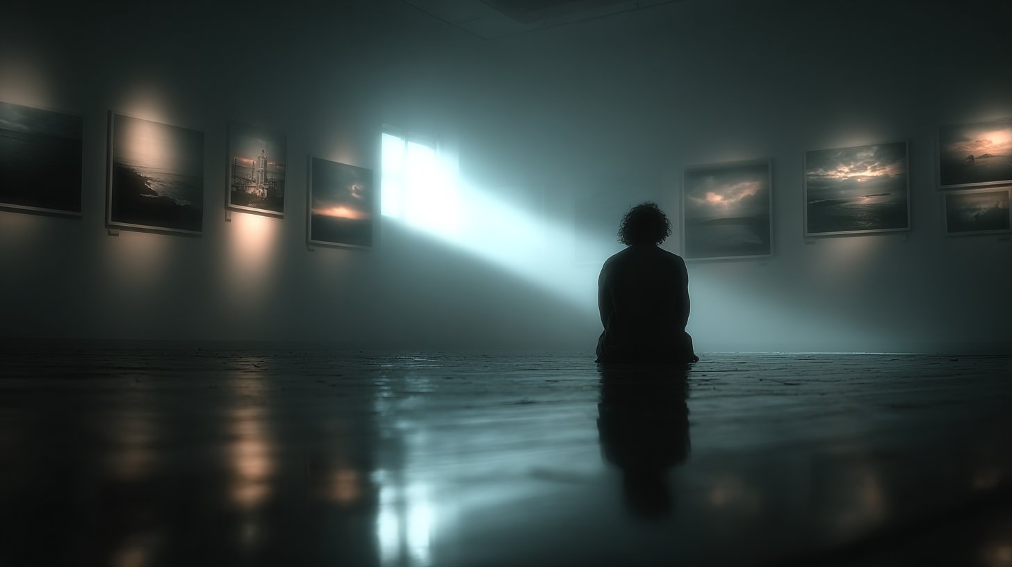 Una persona seduta da sola in una stanza poco illuminata, circondata da fotografie sbiadite.