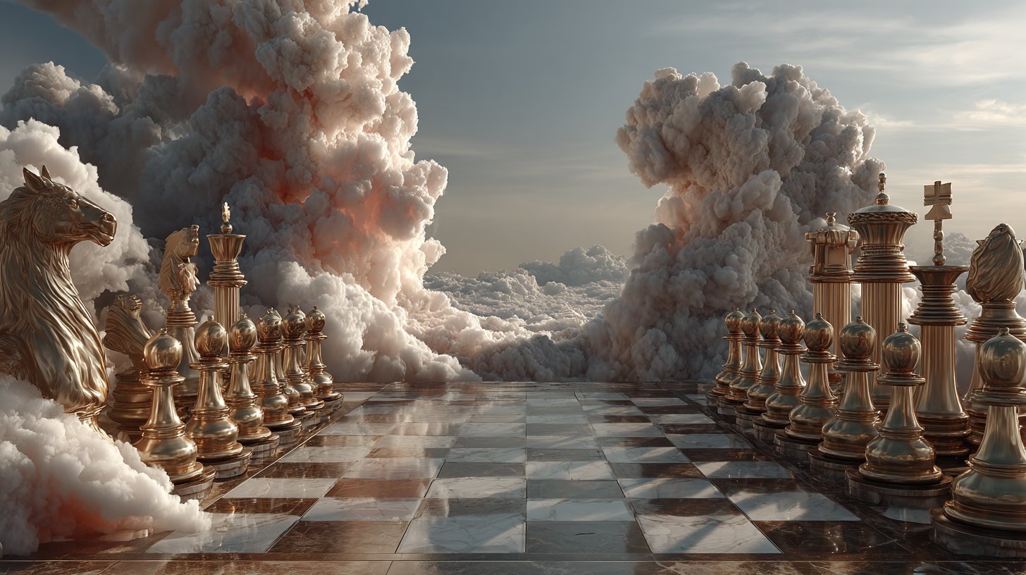 Eine surreale Szene mit einem Schachbrett und unvorhersehbaren Zügen, unter einem Himmel voller Unsicherheit.